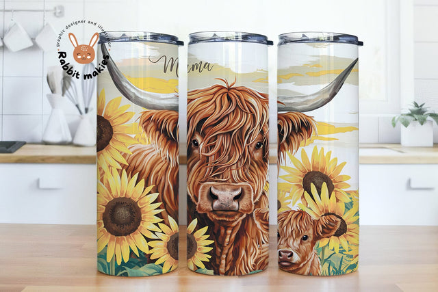 Cute Baby and Mama Highland Cow PNG File Download, Rustic Watercolor Sunflowers 20 Oz Skinny Sublimation Tumbler Wrap Digital Design Sublimation Rabbitmakies 