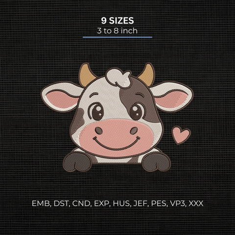 Cute Baby Cow Embroidery Design – Kawaii Smiling Calf with Heart Farm Animal Machine Embroidery File Embroidery/Applique DESIGNS PatternFeed8 
