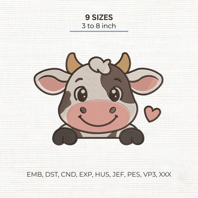 Cute Baby Cow Embroidery Design – Kawaii Smiling Calf with Heart Farm Animal Machine Embroidery File Embroidery/Applique DESIGNS PatternFeed8 