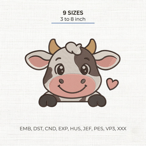 Cute Baby Cow Embroidery Design – Kawaii Smiling Calf with Heart Farm Animal Machine Embroidery File Embroidery/Applique DESIGNS PatternFeed8 