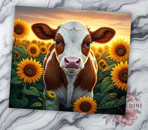 Cute Baby Cow Sunflower 20oz Tumbler, Sunflower Tumbler, Cute Cow Design, Sublimation Wrap, 20oz Tumbler, Farm Animal Tumbler, Floral Drinkware Sublimation Li Zamperini 