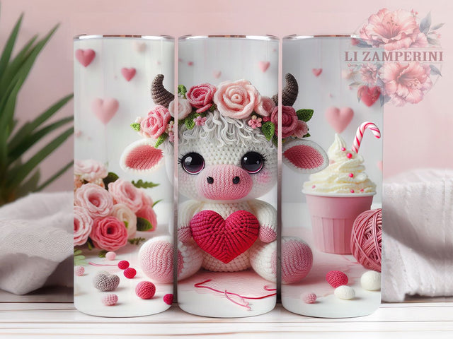 Cute Baby Cow Valentine Tumbler, Cute Animal Love Pattern, Romantic Farm Design, 20Oz Sublimation Wrap, Adorable Calf Art, Heart Motif Texture, Tumbler Sublimation Sublimation Li Zamperini 
