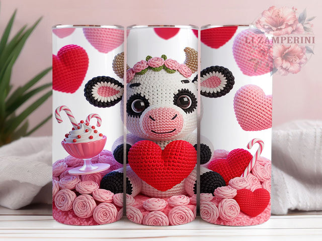 Cute Baby Cow Valentine Tumbler, Cute Animal Love Pattern, Romantic Farm Design, 20Oz Sublimation Wrap, Adorable Calf Art, Heart Motif Texture, Tumbler Sublimation Sublimation Li Zamperini 