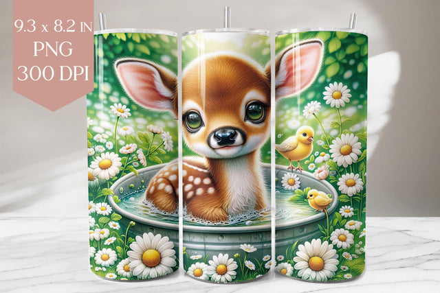 Cute Baby Deer in Daisy Tub Tumbler Wrap PNG Sublimation BijouBay 