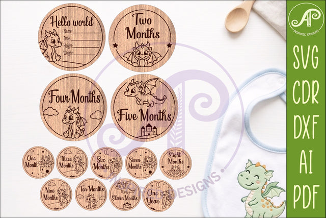 Cute Baby Dragon Milestone Discs, Monthly Baby Photo Props, SVG APInspireddesigns 