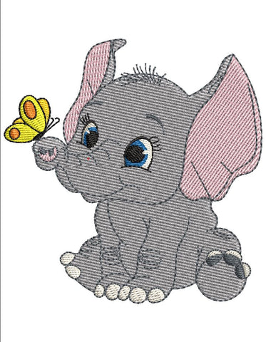 Cute Baby Elephant w/ Butterfly Embroidery Design 4 Sizes - File formats in pes,dst,jef,xxx,exp,vip,vp3, gift, nursery, Embroidery/Applique DESIGNS AestheticdesignsE 