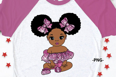 Cute Baby Girl PNG Clipart with Glitter Outfit and Puffs Bows African American Baby Girl Sublimation Design for T Shirt and Crafts SVG 1uniqueminute 