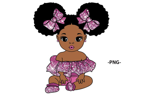 Cute Baby Girl PNG Clipart with Glitter Outfit and Puffs Bows African American Baby Girl Sublimation Design for T Shirt and Crafts SVG 1uniqueminute 