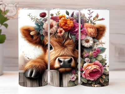 Cute baby Highland Cow 20oz Tumbler Png, Straight & Tapered Tumbler Png, Cute Floral Animal Tumbler Png, Digital Download PNG Sublimation Lara' s Designs 
