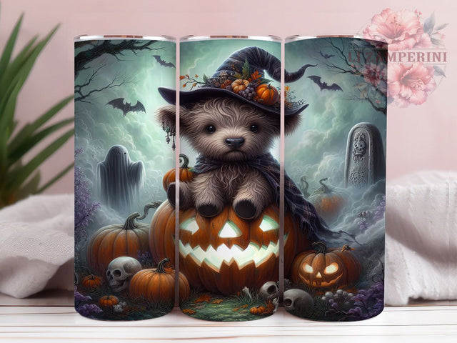 Cute Baby Highland Cow Halloween Tumbler, Halloween Cow Cup Wrap, 20Oz Sublimation Design, Autumn Farm Animal Drinkware, Spooky Cow Coffee Cup, Highland Calf Halloween Tumbler, Festive Farm Mug Sublimation Li Zamperini 