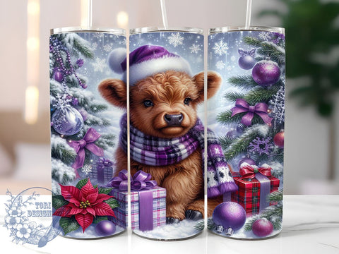 Cute Baby Highland Cow Purple Christmas 20oz Skinny Tumbler PNG, Highland Cow Tumbler Wrap, Sublimation Design, Straight & Tapered Tumbler Wrap, Instant Digital Download Sublimation ToriDesigns 