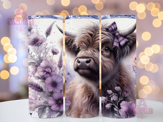 Cute Baby Highland Cow Purple Floral 20oz Tumbler Wrap Sublimation Design, Straight Tapered Tumbler Wrap, Highland Cow Tumbler Png, Instant Digital Download Sublimation SvggirlplusArt 
