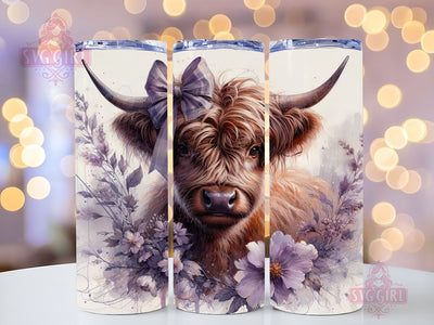 Cute Baby Highland Cow Purple Floral 20oz Tumbler Wrap Sublimation Design, Straight Tapered Tumbler Wrap, Highland Cow Tumbler Png, Instant Digital Download Sublimation SvggirlplusArt 