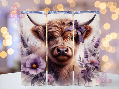 Cute Baby Highland Cow Purple Floral 20oz Tumbler Wrap Sublimation Design, Straight Tapered Tumbler Wrap, Highland Cow Tumbler Png, Instant Digital Download Sublimation SvggirlplusArt 
