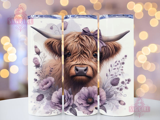 Cute Baby Highland Cow Purple Floral 20oz Tumbler Wrap Sublimation Design, Straight Tapered Tumbler Wrap, Highland Cow Tumbler Png, Instant Digital Download Sublimation SvggirlplusArt 