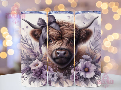 Cute Baby Highland Cow Purple Floral 20oz Tumbler Wrap Sublimation Design, Straight Tapered Tumbler Wrap, Highland Cow Tumbler Png, Instant Digital Download Sublimation SvggirlplusArt 