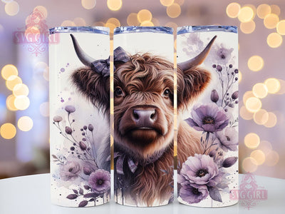 Cute Baby Highland Cow Purple Floral 20oz Tumbler Wrap Sublimation Design, Straight Tapered Tumbler Wrap, Highland Cow Tumbler Png, Instant Digital Download Sublimation SvggirlplusArt 