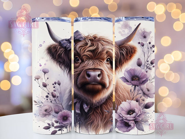 Cute Baby Highland Cow Purple Floral 20oz Tumbler Wrap Sublimation Design, Straight Tapered Tumbler Wrap, Highland Cow Tumbler Png, Instant Digital Download Sublimation SvggirlplusArt 