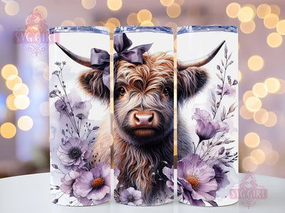 Cute Baby Highland Cow Purple Floral 20oz Tumbler Wrap Sublimation Design, Straight Tapered Tumbler Wrap, Highland Cow Tumbler Png, Instant Digital Download Sublimation SvggirlplusArt 