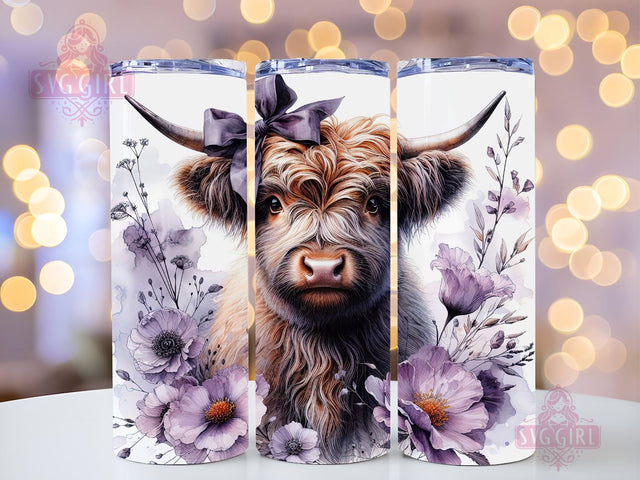 Cute Baby Highland Cow Purple Floral 20oz Tumbler Wrap Sublimation Design, Straight Tapered Tumbler Wrap, Highland Cow Tumbler Png, Instant Digital Download Sublimation SvggirlplusArt 