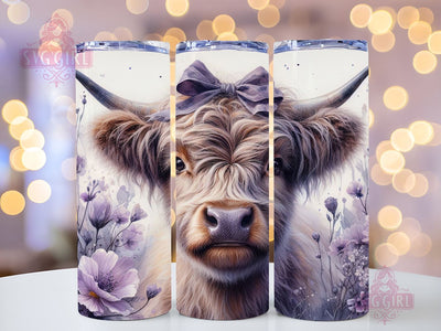 Cute Baby Highland Cow Purple Floral 20oz Tumbler Wrap Sublimation Design, Straight Tapered Tumbler Wrap, Highland Cow Tumbler Png, Instant Digital Download Sublimation SvggirlplusArt 