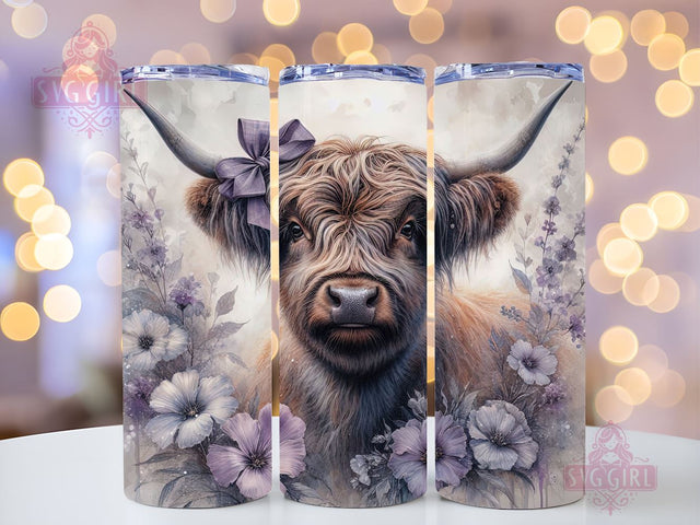 Cute Baby Highland Cow Purple Floral 20oz Tumbler Wrap Sublimation Design, Straight Tapered Tumbler Wrap, Highland Cow Tumbler Png, Instant Digital Download Sublimation SvggirlplusArt 