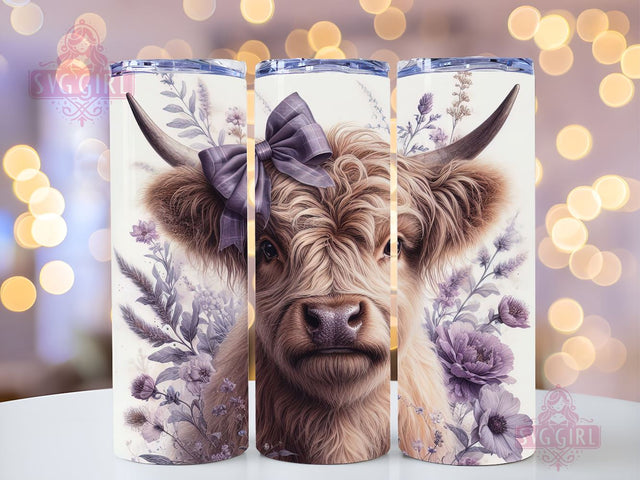 Cute Baby Highland Cow Purple Floral 20oz Tumbler Wrap Sublimation Design, Straight Tapered Tumbler Wrap, Highland Cow Tumbler Png, Instant Digital Download Sublimation SvggirlplusArt 