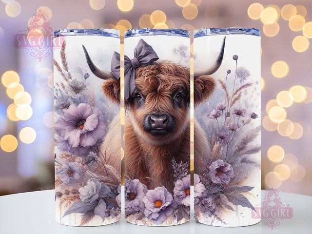 Cute Baby Highland Cow Purple Floral 20oz Tumbler Wrap Sublimation Design, Straight Tapered Tumbler Wrap, Highland Cow Tumbler Png, Instant Digital Download Sublimation SvggirlplusArt 
