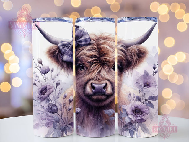 Cute Baby Highland Cow Purple Floral 20oz Tumbler Wrap Sublimation Design, Straight Tapered Tumbler Wrap, Highland Cow Tumbler Png, Instant Digital Download Sublimation SvggirlplusArt 