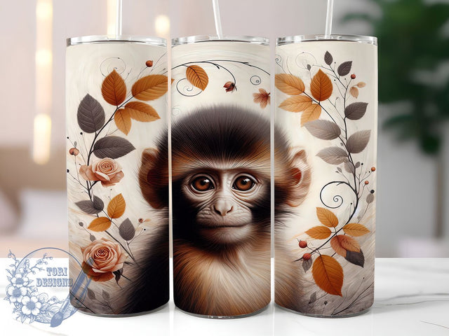 Cute Baby Monkey Autumn Fall Tumbler, Cute Animal Mug, Fall Autumn Wrap, Monkey Coffee Cup, 20Oz Sublimation Design, Autumn Animal Drinkware, Jungle Animal Tumbler Sublimation ToriDesigns 