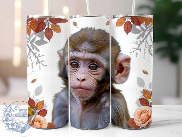 Cute Baby Monkey Autumn Fall Tumbler, Cute Animal Mug, Fall Autumn Wrap, Monkey Coffee Cup, 20Oz Sublimation Design, Autumn Animal Drinkware, Jungle Animal Tumbler Sublimation ToriDesigns 