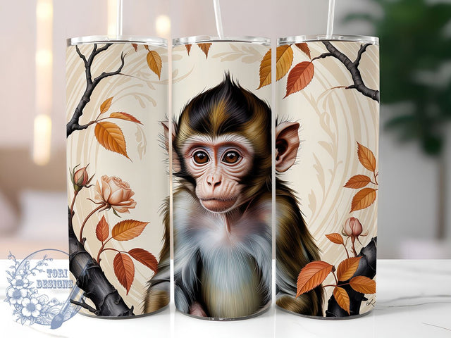 Cute Baby Monkey Autumn Fall Tumbler, Cute Animal Mug, Fall Autumn Wrap, Monkey Coffee Cup, 20Oz Sublimation Design, Autumn Animal Drinkware, Jungle Animal Tumbler Sublimation ToriDesigns 