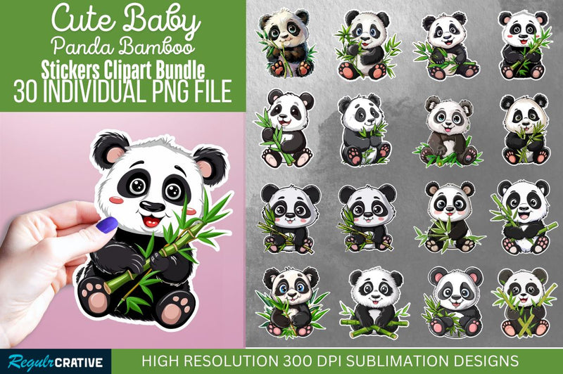 Cute Baby Panda Bamboo Sticker Clipart Bundle Sublimation Regulrcrative 