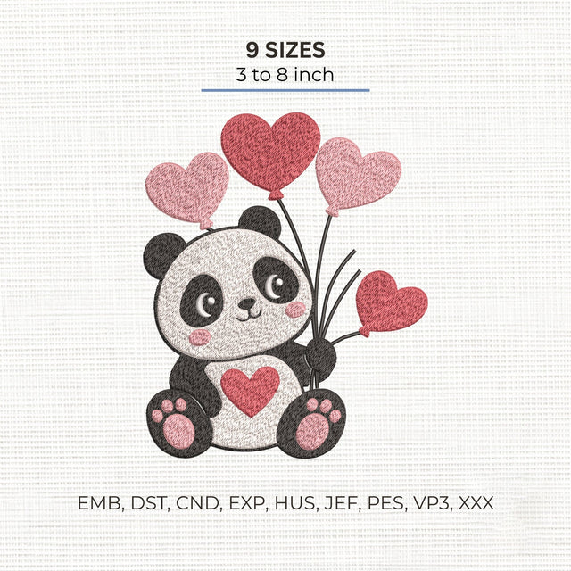 Cute Baby Panda Hearts Embroidery Design – Valentine Panda Heart Balloons Machine Embroidery File Embroidery/Applique DESIGNS PatternFeed8 