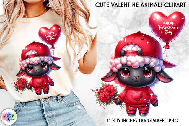 Cute Baby Sheep with Valentine Flowers and Balloon Clipart Sublimation Designs by Ira 