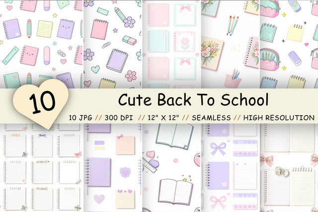 Cute Back To School Digital Paper Pack, Kawaii School Supplies Seamless Patterns, Pastel Classroom & Printable Crafts Digital Pattern FloridPrintables 