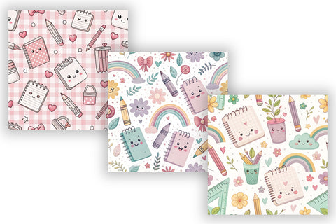 Cute Back to School Digital Paper, Seamless Kawaii Pattern Bundle Pack, Printable Scrapbook Paper, Pastel School Supplies Design Collection Digital Pattern FloridPrintables 