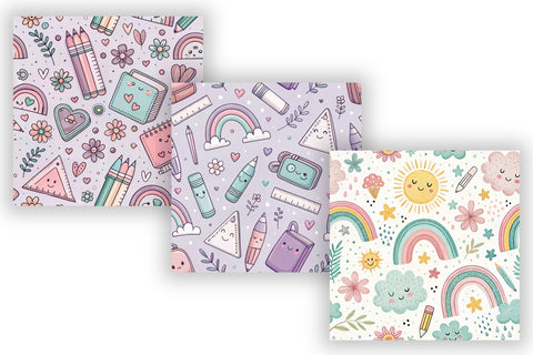 Cute Back to School Digital Paper, Seamless Kawaii Pattern Bundle Pack, Printable Scrapbook Paper, Pastel School Supplies Design Collection Digital Pattern FloridPrintables 