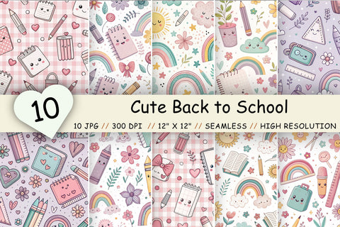 Cute Back to School Digital Paper, Seamless Kawaii Pattern Bundle Pack, Printable Scrapbook Paper, Pastel School Supplies Design Collection Digital Pattern FloridPrintables 