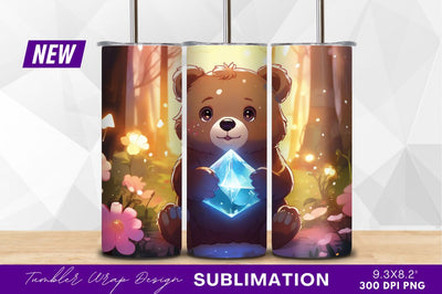 Cute bear holding glowing diamond in forest Sublimation Regulrcrative 