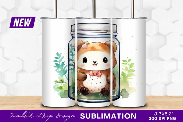 Cute bear in jar watercolor style tumbler png Sublimation Regulrcrative 