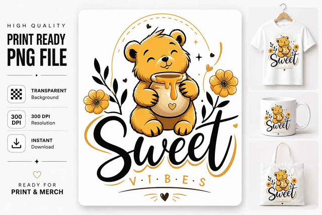 Cute Bear PNG Sublimation Design Sweet Vibes Digital Download SVG BillahCrafts 
