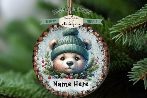 Cute Bears Christmas Ornament Design PNG Files | Add Your Own Name Sublimation Ewe-N-Me Designs 