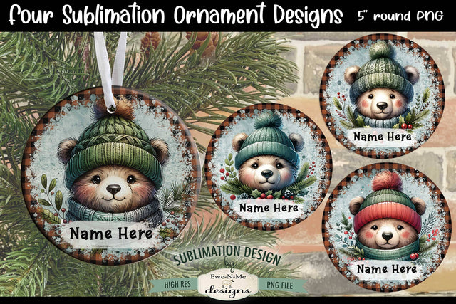 Cute Bears Christmas Ornament Design PNG Files | Add Your Own Name Sublimation Ewe-N-Me Designs 
