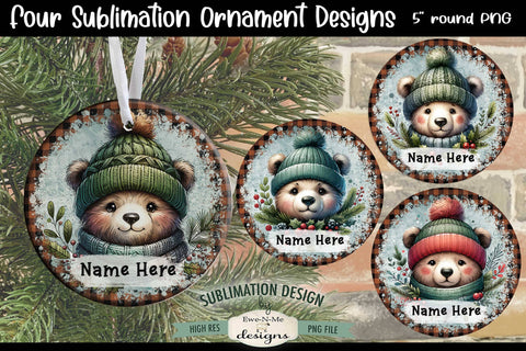 Cute Bears Christmas Ornament Design PNG Files | Add Your Own Name Sublimation Ewe-N-Me Designs 