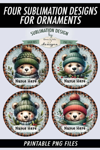 Cute Bears Christmas Ornament Design PNG Files | Add Your Own Name Sublimation Ewe-N-Me Designs 