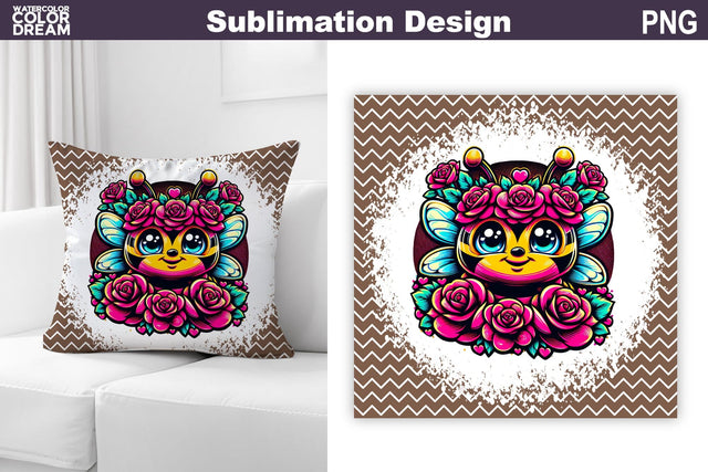 Cute Bee Floral Pillow Design | Bee Roses Sublimation Sublimation WatercolorColorDream 
