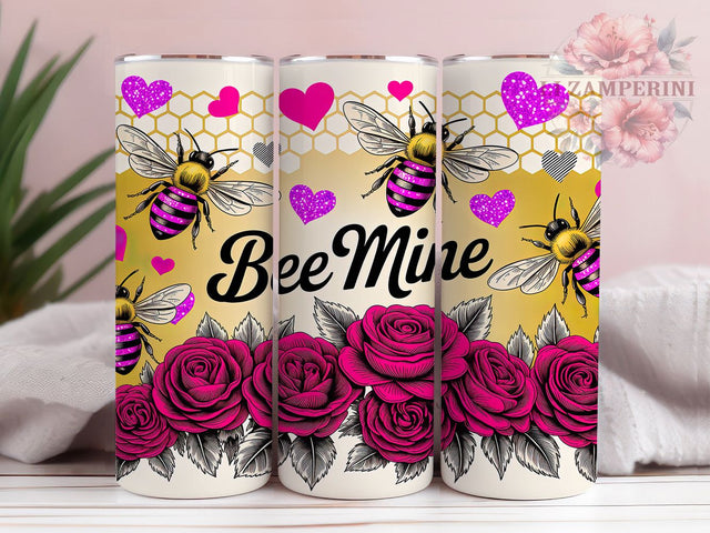 Cute Bee Mine Valentine Tumbler, Bumblebee Heart Pattern, Cute Romantic Design, 20Oz Sublimation Wrap, Adorable Bee Art, Love Insect Texture, Tumbler Sublimation Sublimation Li Zamperini 