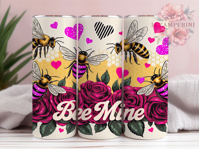 Cute Bee Mine Valentine Tumbler, Bumblebee Heart Pattern, Cute Romantic Design, 20Oz Sublimation Wrap, Adorable Bee Art, Love Insect Texture, Tumbler Sublimation Sublimation Li Zamperini 