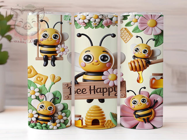 Cute Bee Whimsy 20oz Tumbler, Whimsical Illustration, Anthropomorphic Bee, Black Stripes, Expressive Eyes, Skinny Tumbler, Sublimation PNG Sublimation Lara' s Designs 